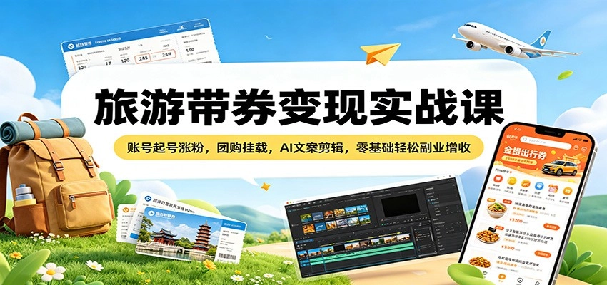 旅游带券变现实战课：账号起号涨粉，团购挂载，AI文案剪辑，零基础轻松副业增收-黑猫博客