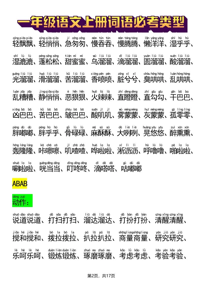 新一上语文词语必考类型(ABB、ABAB、AABB、ABCC、AABC、ABAC、ABCB类词语)17页