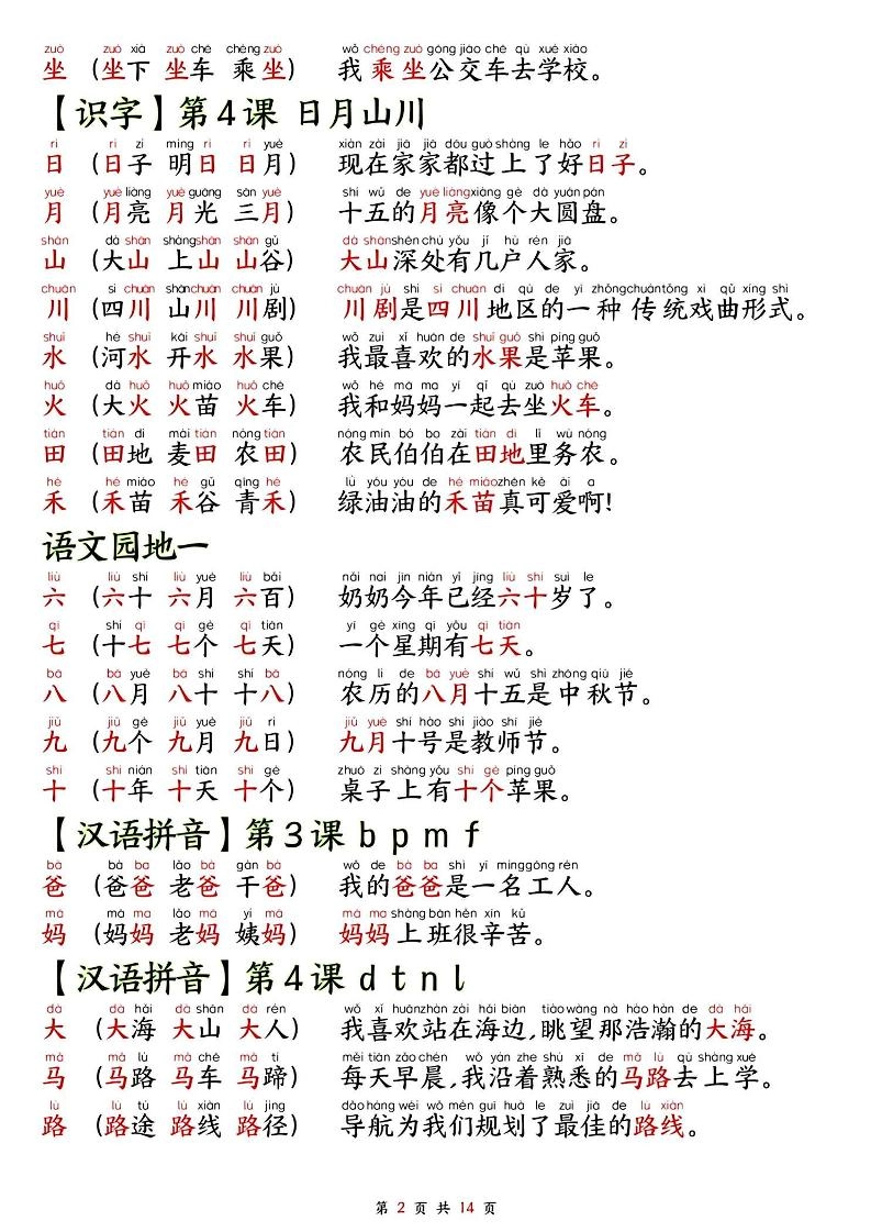 2025秋新版语文一年级-生字拼音组词造句.