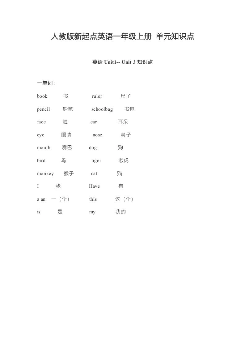 一年级英语上册单元知识点（人教一起点）-黑猫博客