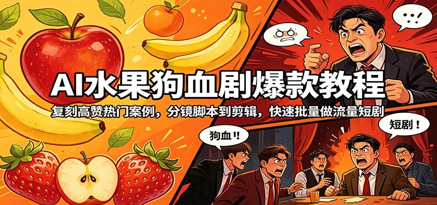 AI水果狗血剧爆款教程：复刻高赞热门案例，分镜脚本到剪辑，快速批量做流量短剧-黑猫博客