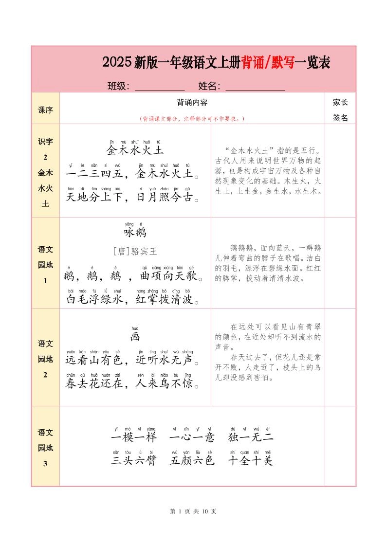 一上语文必背内容+默写表2025年9月-黑猫博客