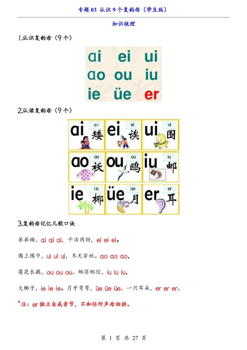 一上语文-专题03认识9个复韵母（知识+训练）-黑猫博客