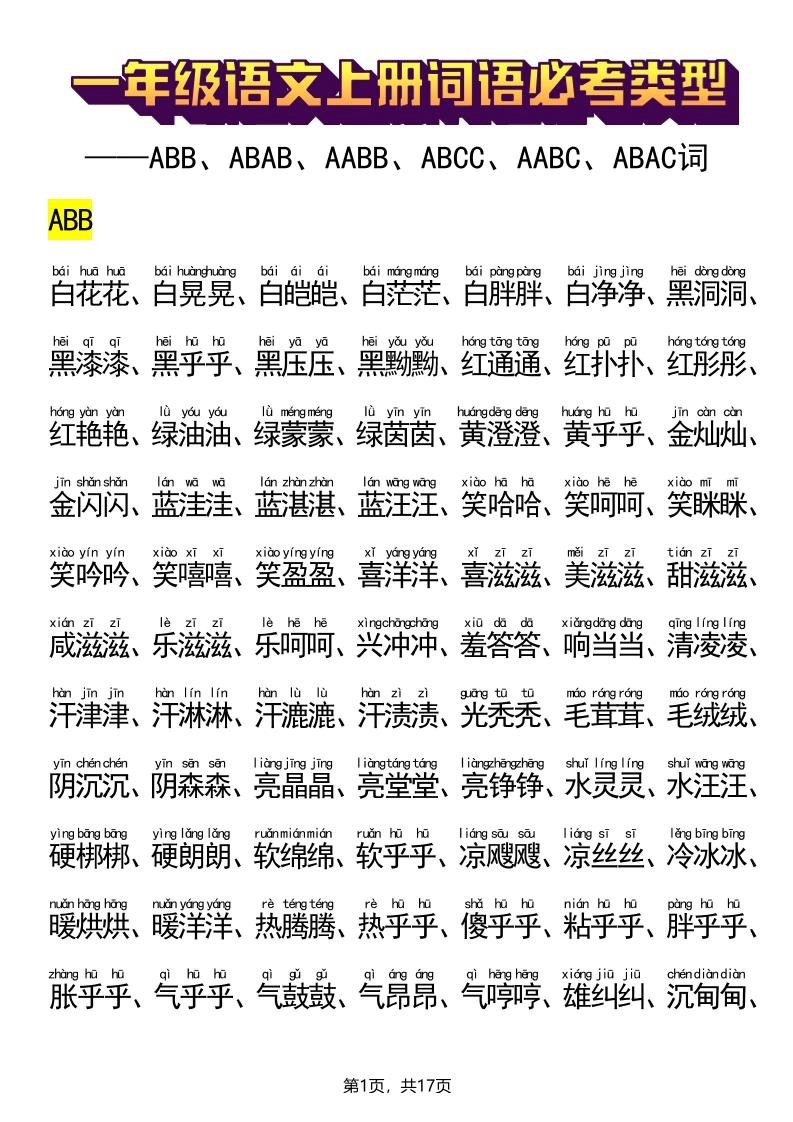 新一上语文词语必考类型(ABB、ABAB、AABB、ABCC、AABC、ABAC、ABCB类词语)17页-黑猫博客